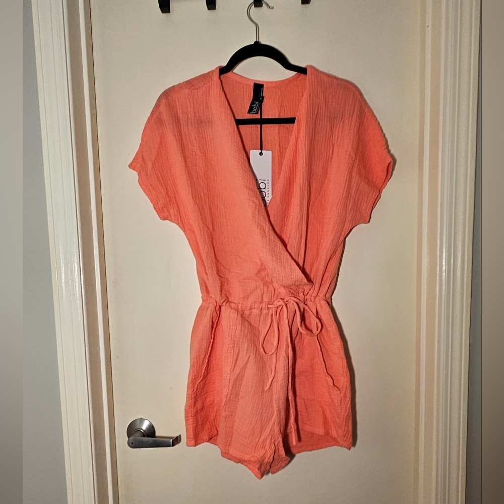 Ultimate lightweight lounge wear Bobi drawstring surplice romper Pink NWT